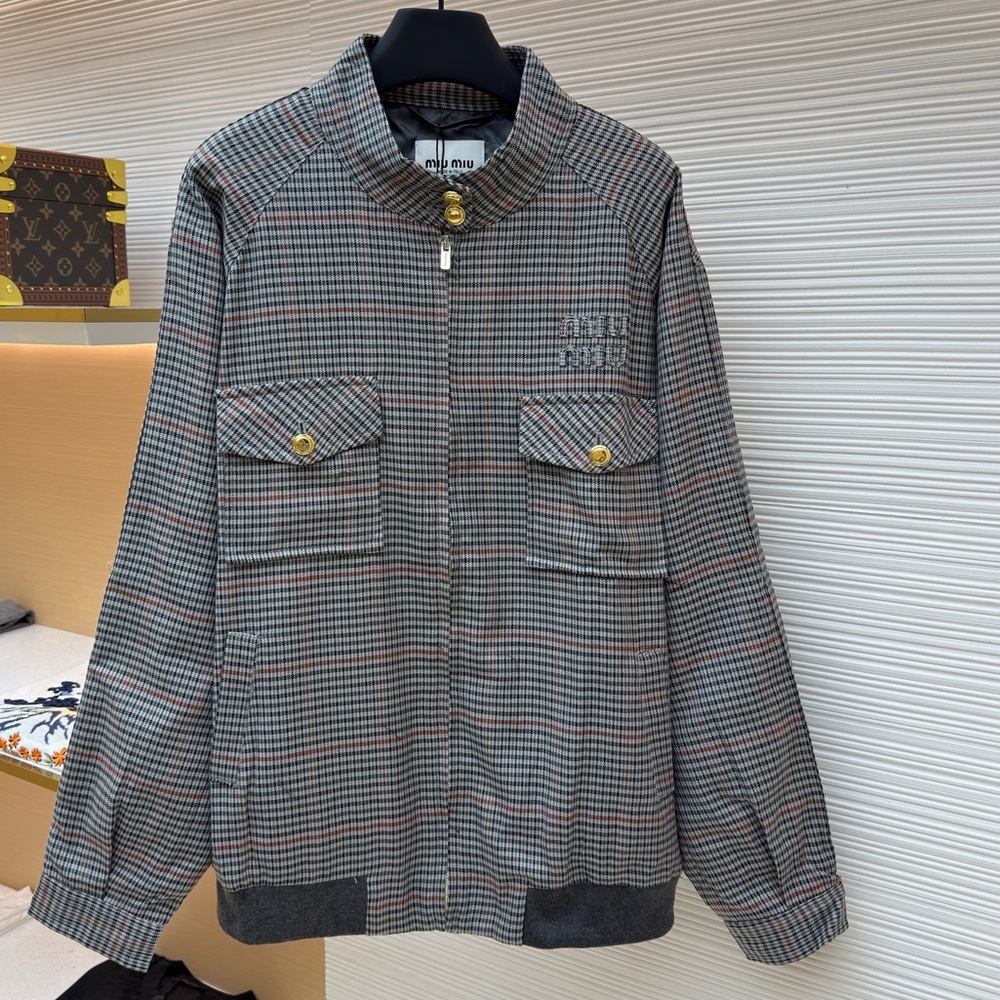 Miu Miu Women's Plaid Bomber Jacket | Embroidered Logo & Gold Buttons